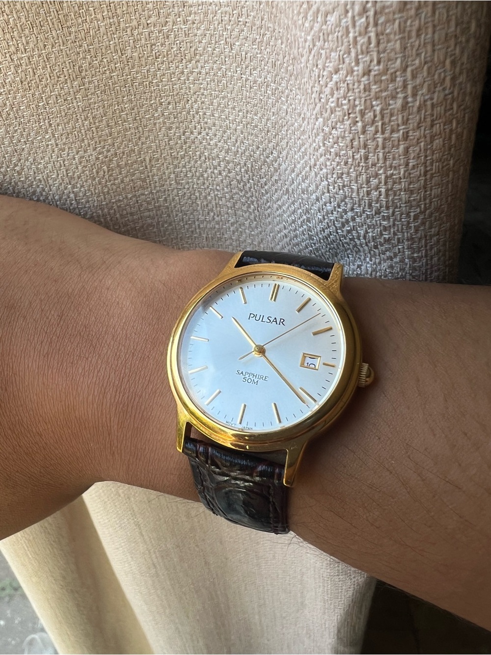 Pulsar Gold-Tone Case Watch with White Dial and Brown Leather Strap